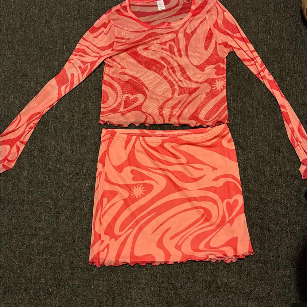 Vibrant Swirl Mesh Top and Skirt Set